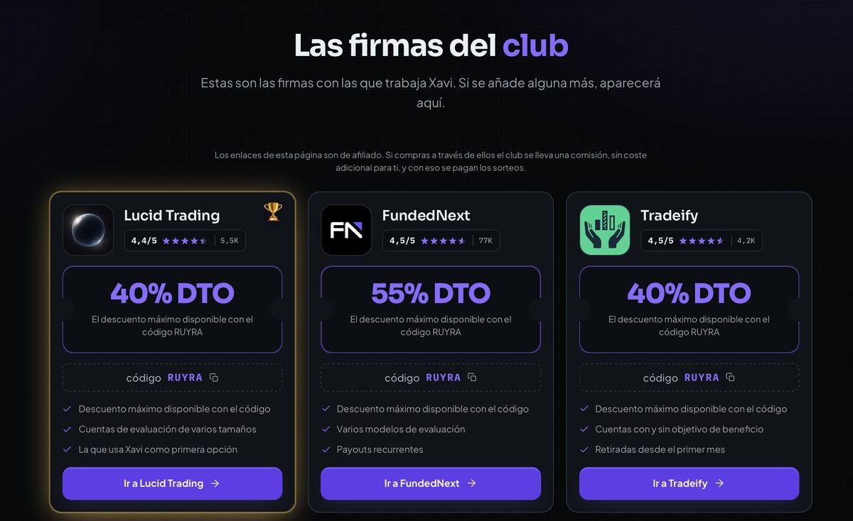 La página de descuentos del club, con las prop firms y sus códigos